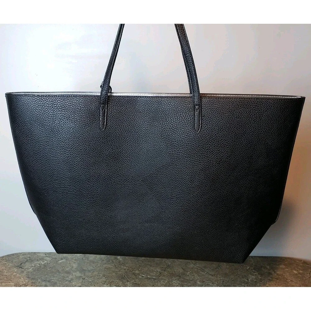 Victoria’s Secret Black Faux Leather Tote Bag Logo Double Handle Silver Tassel !